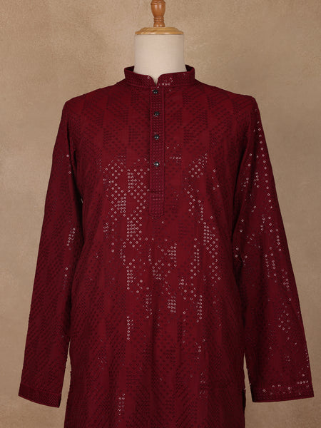 wine Geometric Sequin Design Cotton Kurta - Diadem