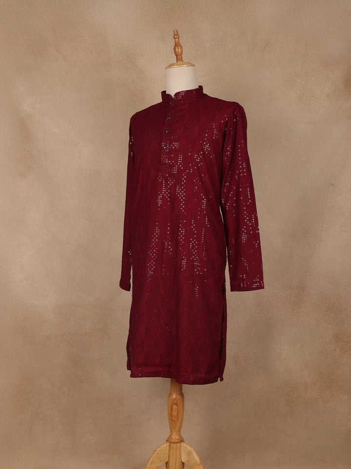 wine Geometric Sequin Design Cotton Kurta - Diadem