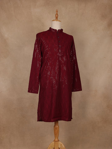 wine Geometric Sequin Design Cotton Kurta - Diadem