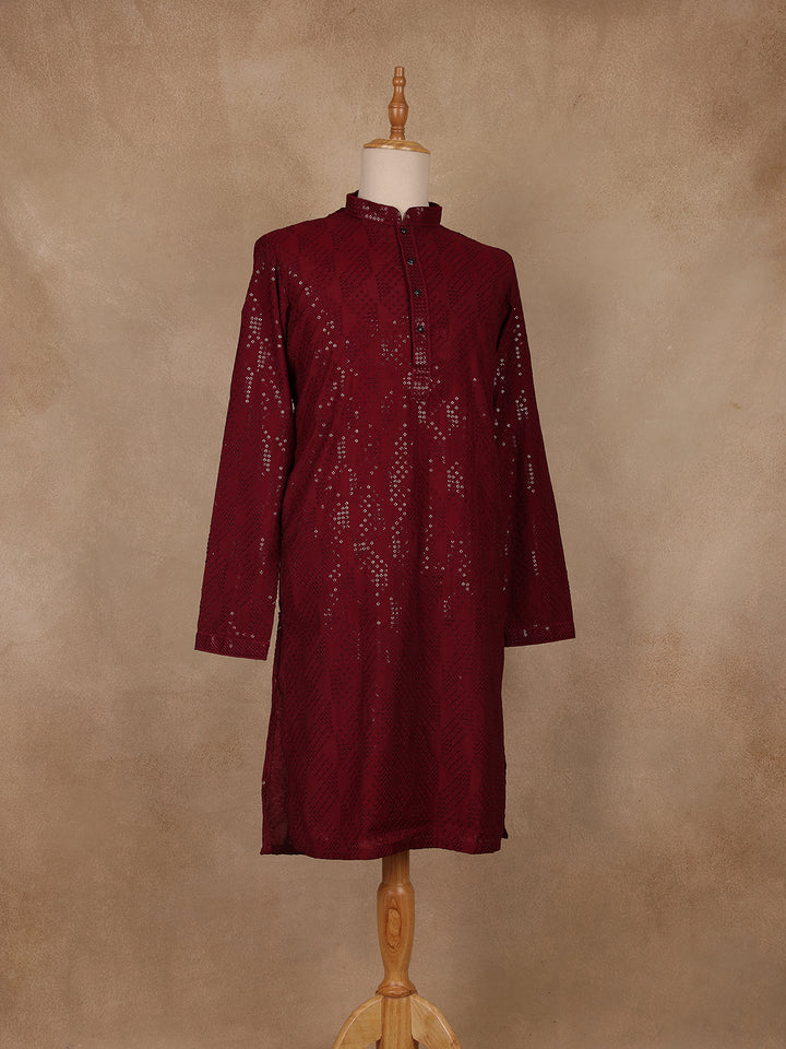 wine Geometric Sequin Design Cotton Kurta - Diadem