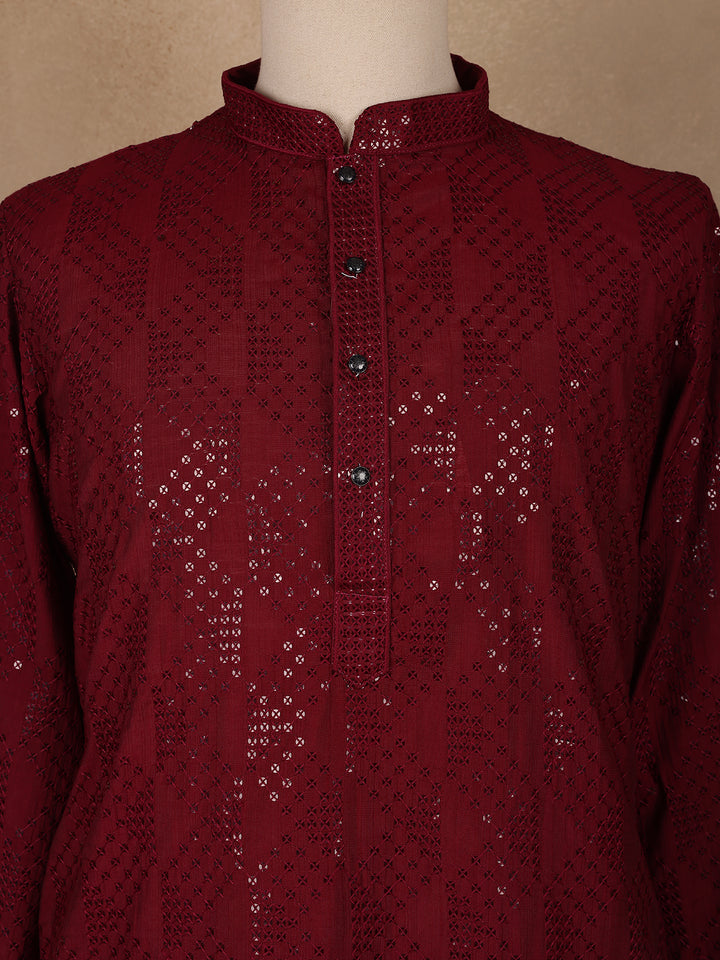 wine Geometric Sequin Design Cotton Kurta - Diadem