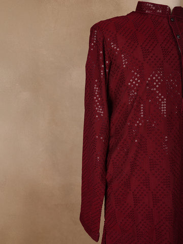 wine Geometric Sequin Design Cotton Kurta - Diadem