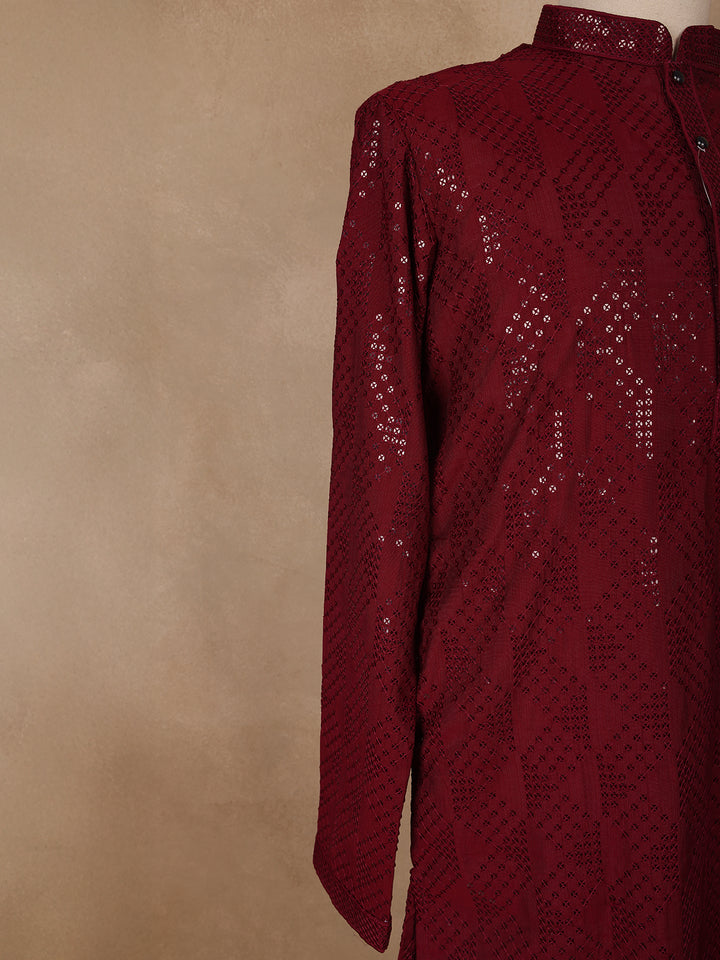 wine Geometric Sequin Design Cotton Kurta - Diadem
