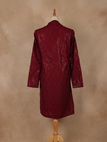 wine Geometric Sequin Design Cotton Kurta - Diadem
