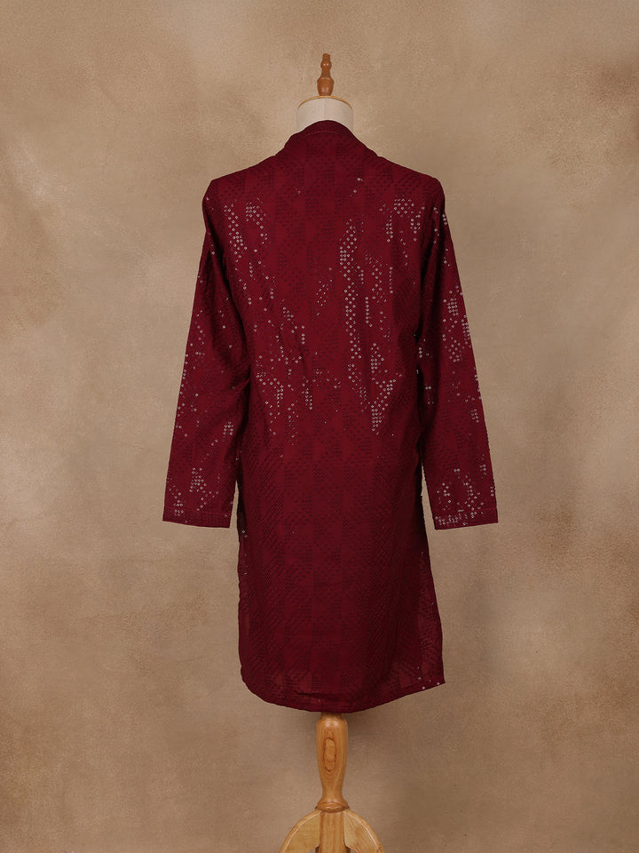 wine Geometric Sequin Design Cotton Kurta - Diadem