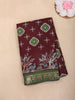Maroon Kalamkari Forest Scene Printed Chanderi Cotton Saree with Green Zari Border
