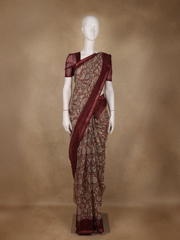Maroon Kalamkari Printed Tussar Silk Saree - Diadem
