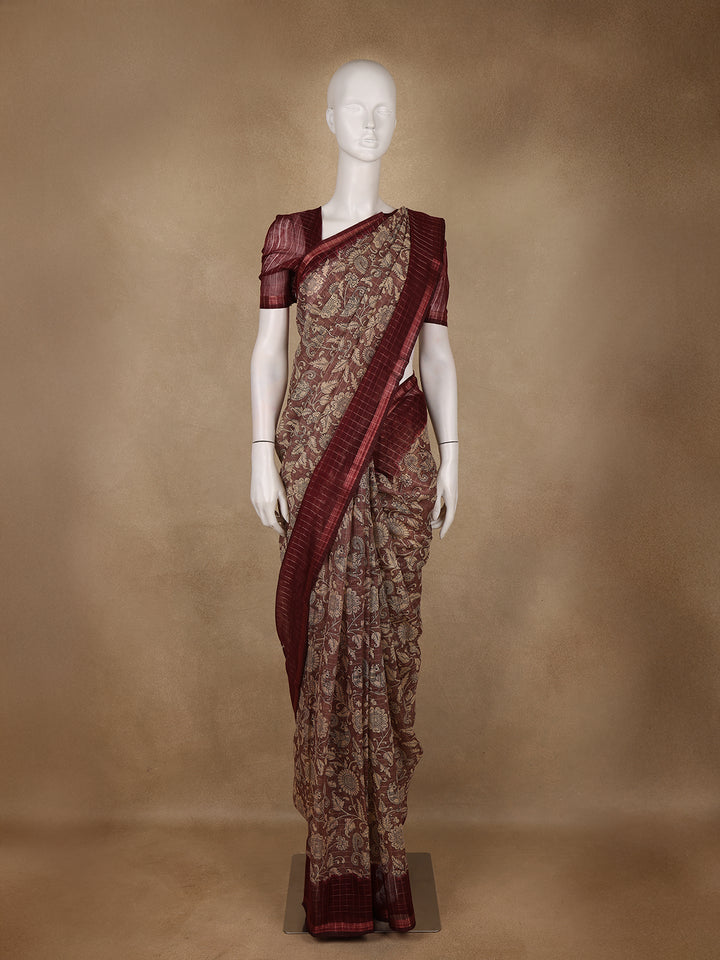 Maroon Kalamkari Printed Tussar Silk Saree - Diadem