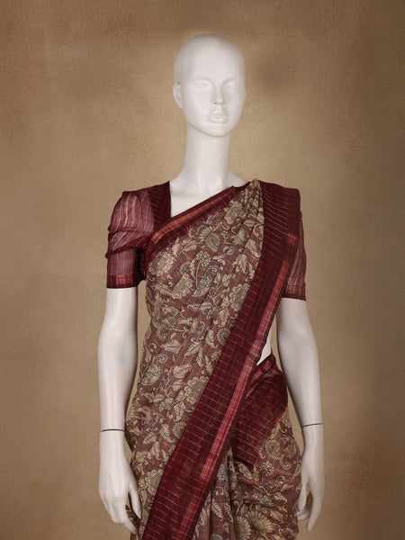 Maroon Kalamkari Printed Tussar Silk Saree - Diadem
