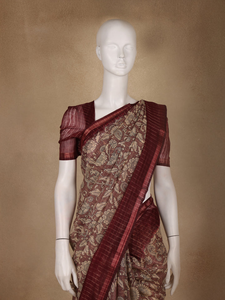 Maroon Kalamkari Printed Tussar Silk Saree - Diadem