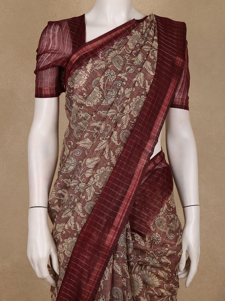 Maroon Kalamkari Printed Tussar Silk Saree - Diadem