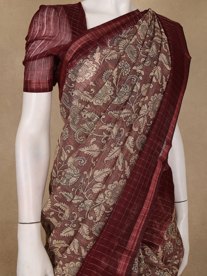 Maroon Kalamkari Printed Tussar Silk Saree - Diadem
