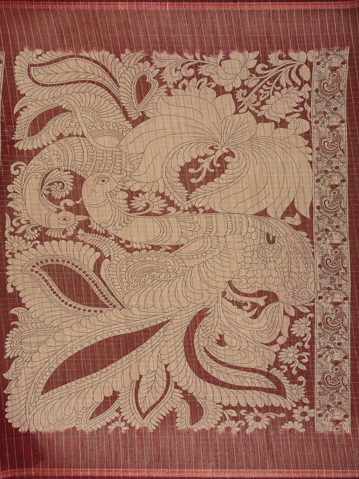 Maroon Kalamkari Printed Tussar Silk Saree - Diadem