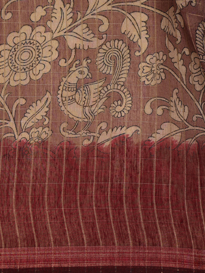 Maroon Kalamkari Printed Tussar Silk Saree - Diadem