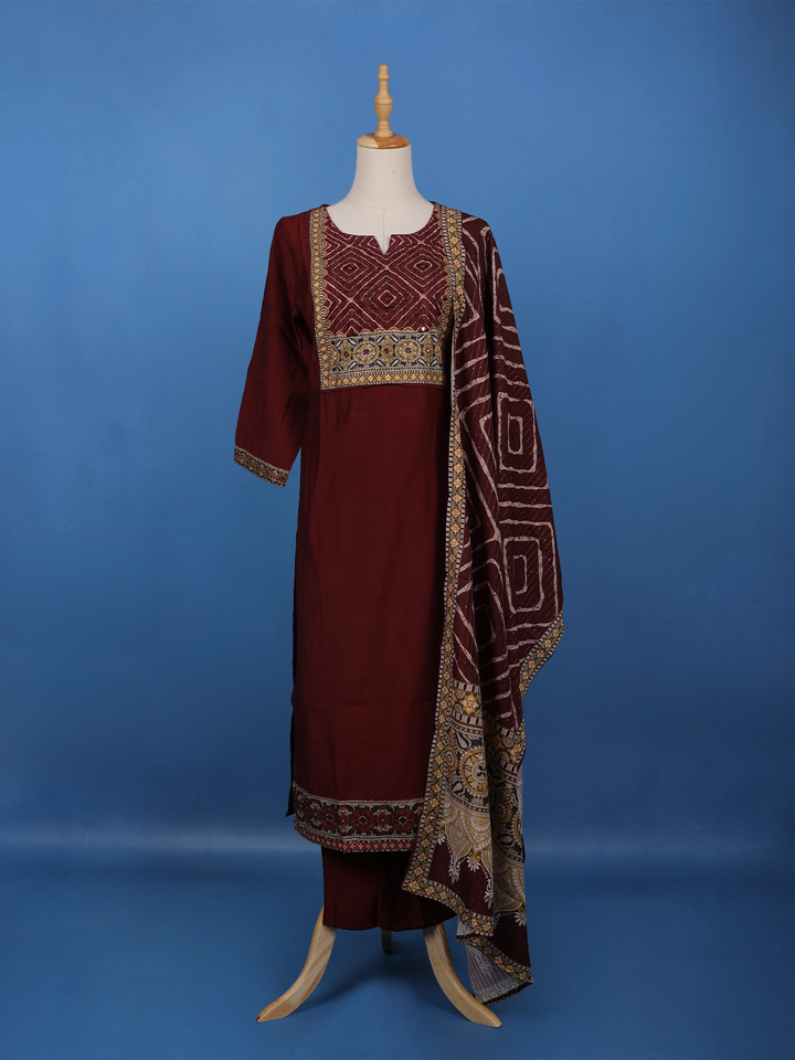 Maroon Mirror Embroidered Cotton Salwar Suit - Diadem