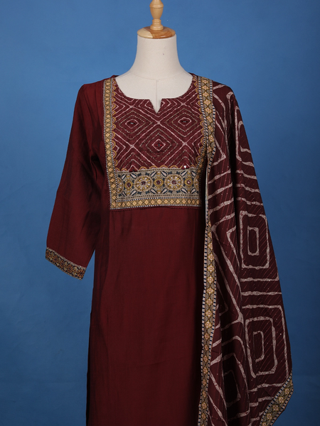 Maroon Mirror Embroidered Cotton Salwar Suit - Diadem