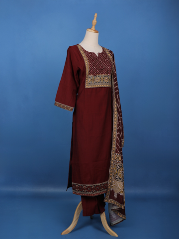 Maroon Mirror Embroidered Cotton Salwar Suit - Diadem