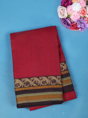 Maroon Plain Cotton Saree with Contrast Paisley Motif Border - Diadem