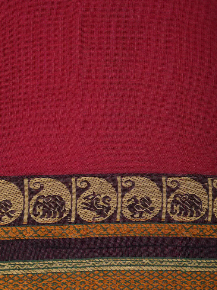Maroon Plain Cotton Saree with Contrast Paisley Motif Border - Diadem