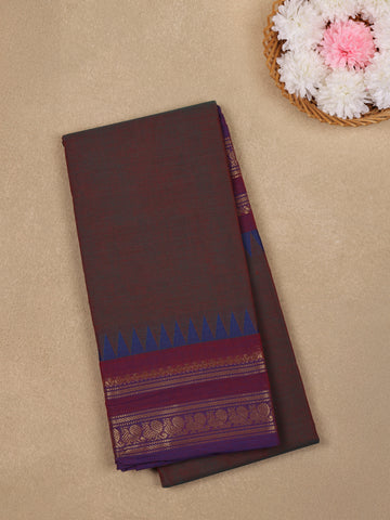 Maroon Solid Design Cotton Saree with Blue Temple Zari Border - Diadem