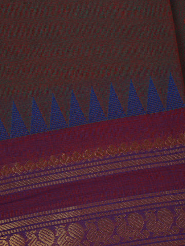 Maroon Solid Design Cotton Saree with Blue Temple Zari Border - Diadem