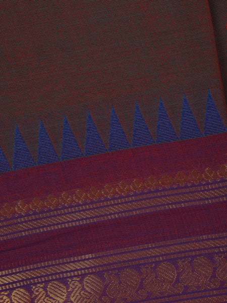 Maroon Solid Design Cotton Saree with Blue Temple Zari Border - Diadem