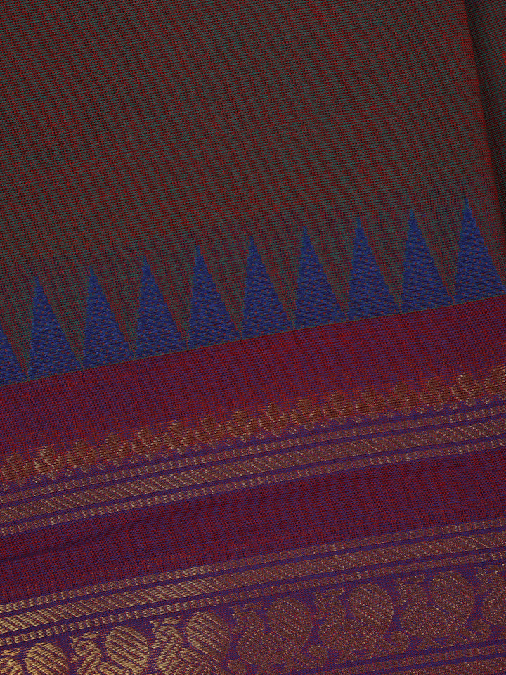 Maroon Solid Design Cotton Saree with Blue Temple Zari Border - Diadem