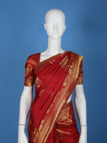 Maroon Woven Gold Zari Elephant Border Kanchipuram Silk Saree - Diadem