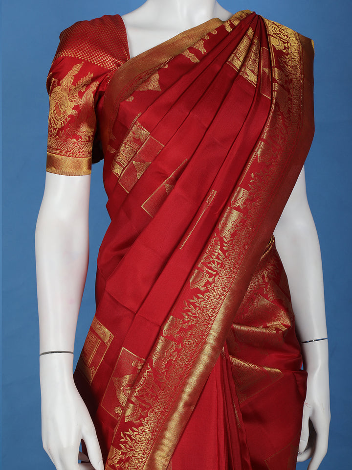 Maroon Woven Gold Zari Elephant Border Kanchipuram Silk Saree - Diadem
