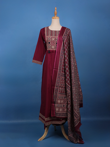 Maroon Ajrakh Design Printed Cotton Salwar Suit Set - Diadem