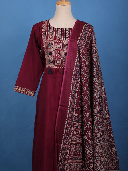 Maroon Ajrakh Design Printed Cotton Salwar Suit Set - Diadem