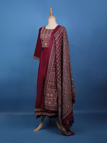 Maroon Ajrakh Design Printed Cotton Salwar Suit Set - Diadem