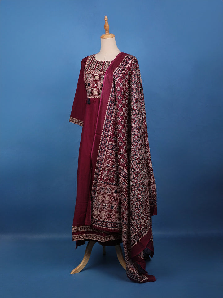Maroon Ajrakh Design Printed Cotton Salwar Suit Set - Diadem