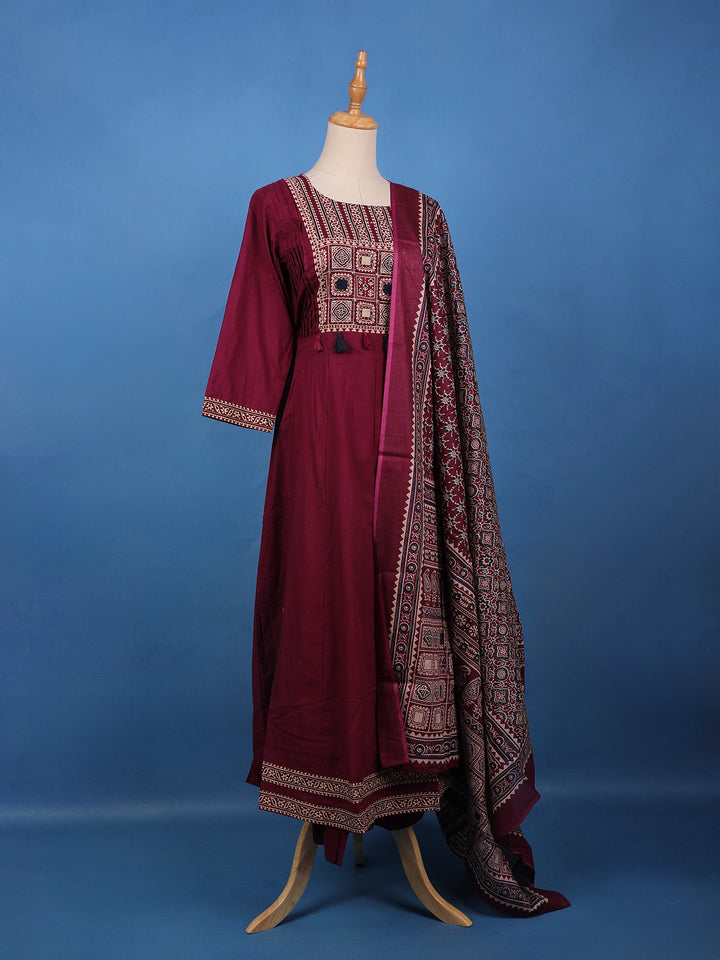 Maroon Ajrakh Design Printed Cotton Salwar Suit Set - Diadem