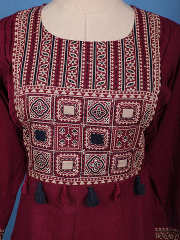 Maroon Ajrakh Design Printed Cotton Salwar Suit Set - Diadem