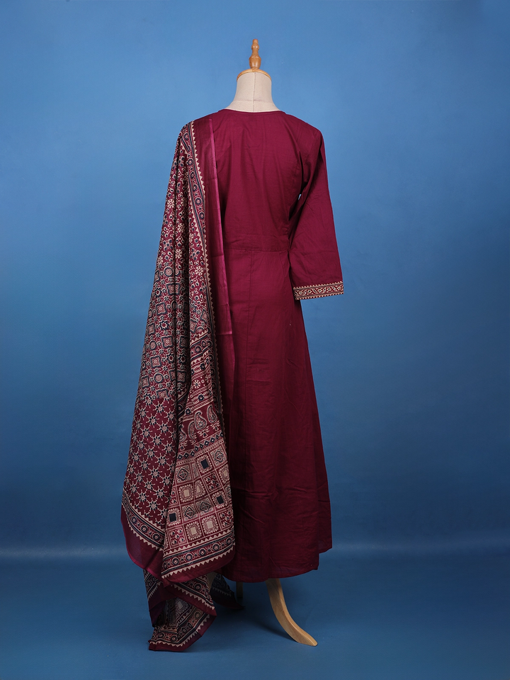 Maroon Ajrakh Design Printed Cotton Salwar Suit Set - Diadem