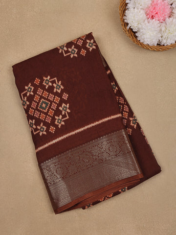 Maroon Brown Geometric Ikat Patterned Cotton Saree - Diadem