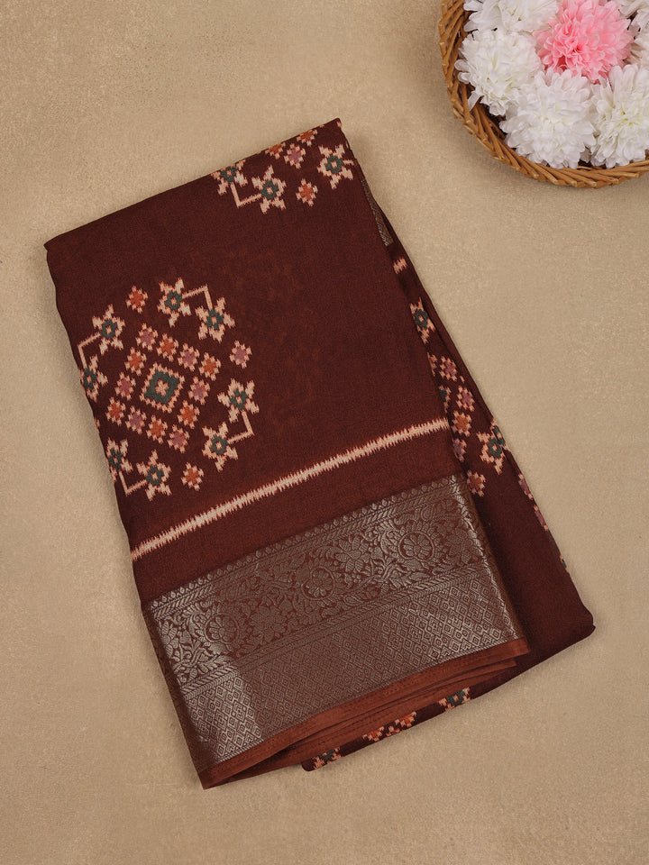 Maroon Brown Geometric Ikat Patterned Cotton Saree - Diadem