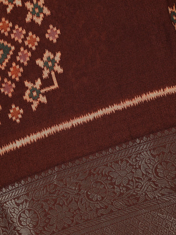 Maroon Brown Geometric Ikat Patterned Cotton Saree - Diadem