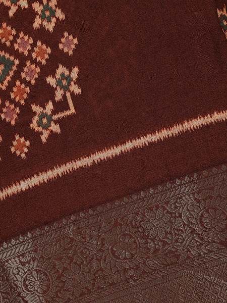 Maroon Brown Geometric Ikat Patterned Cotton Saree - Diadem