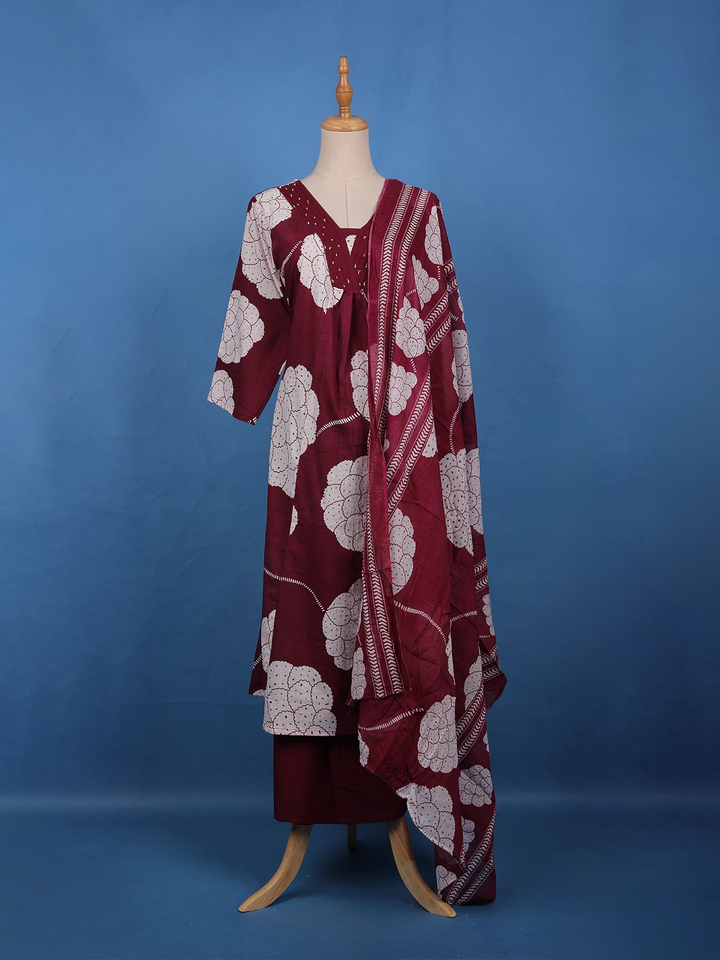 Maroon Cloud Floral Printed Cotton Salwar Suit - Diadem