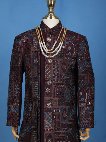 Maroon Cotton Floral Embroidery Sherwani And Pant Set - Diadem