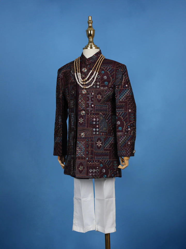 Maroon Cotton Floral Embroidery Sherwani And Pant Set - Diadem