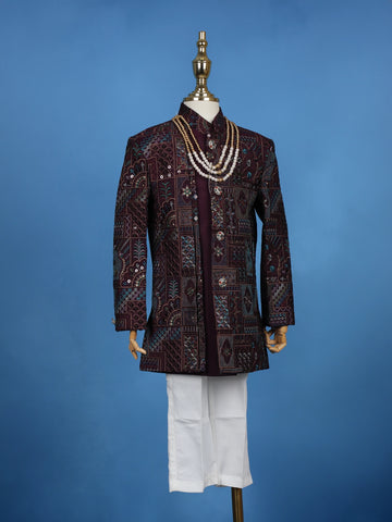 Maroon Cotton Floral Embroidery Sherwani And Pant Set - Diadem