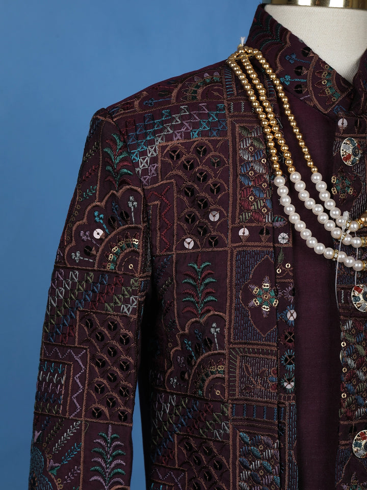 Maroon Cotton Floral Embroidery Sherwani And Pant Set - Diadem