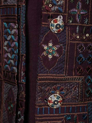Maroon Cotton Floral Embroidery Sherwani And Pant Set - Diadem