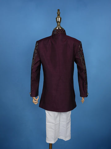 Maroon Cotton Floral Embroidery Sherwani And Pant Set - Diadem