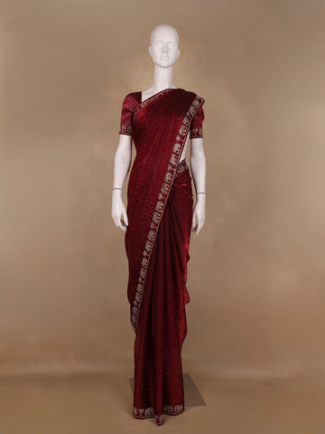 Maroon Elephant Motif Embellished Satin Saree - Diadem