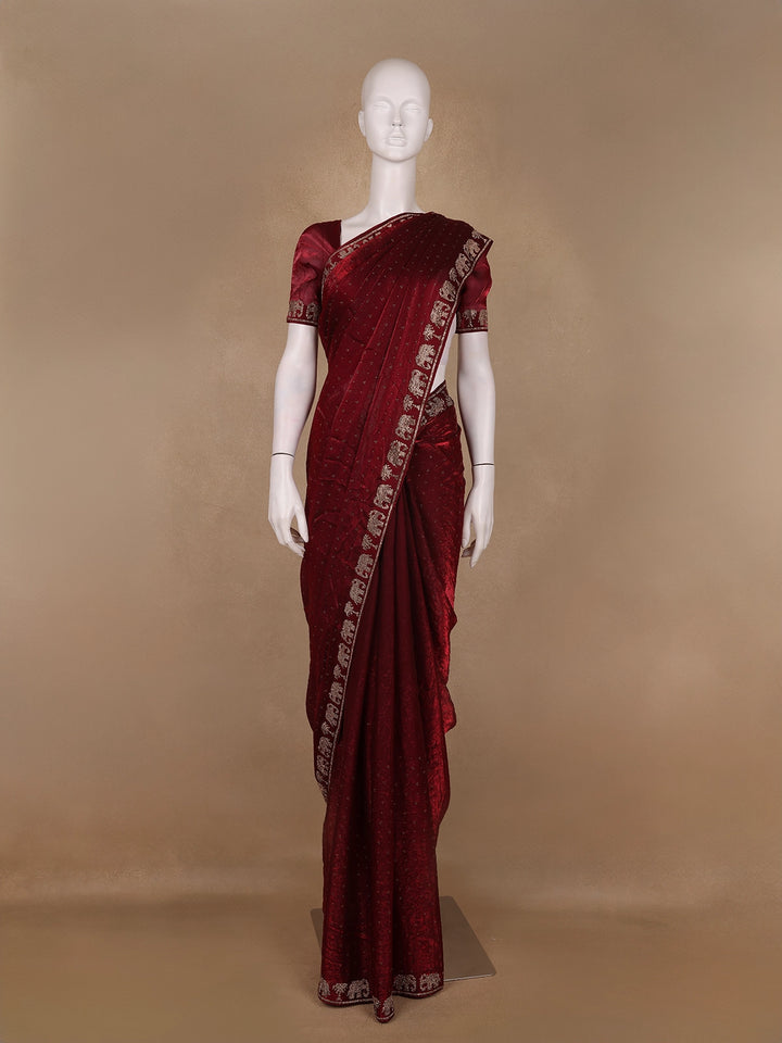 Maroon Elephant Motif Embellished Satin Saree - Diadem