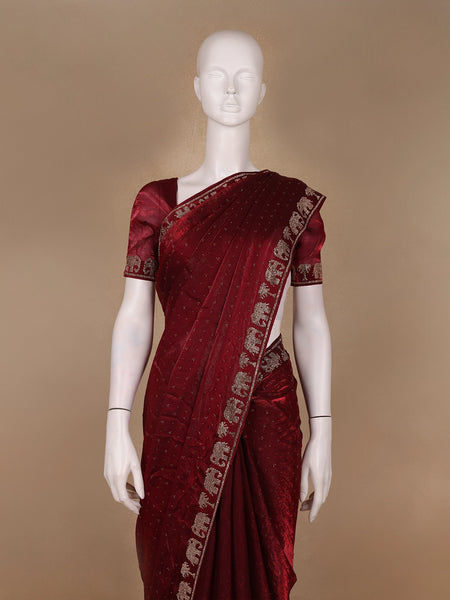 Maroon Elephant Motif Embellished Satin Saree - Diadem